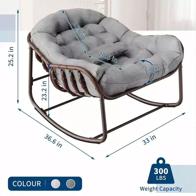 Fauteuil à bascule d'extérieur, chaise œuf de patio surdimensionnée avec coussin rembourré, bascule papasan en rotin pour l'intérieur, le porche, le jardin