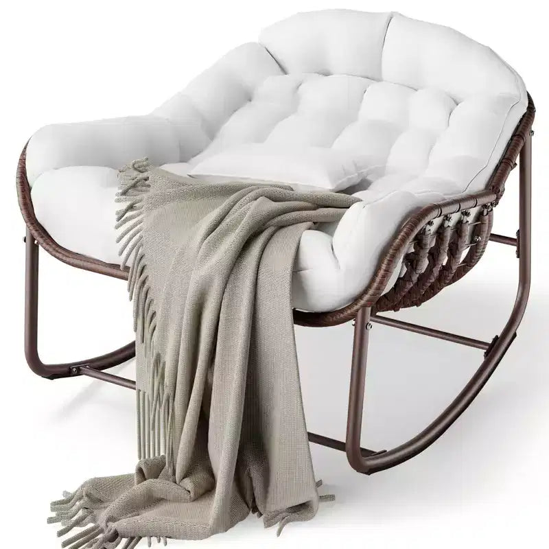 Fauteuil à bascule d'extérieur, chaise œuf de patio surdimensionnée avec coussin rembourré, bascule papasan en rotin pour l'intérieur, le porche, le jardin