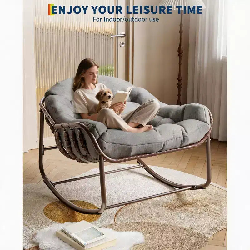 Fauteuil à bascule d'extérieur, chaise œuf de patio surdimensionnée avec coussin rembourré, bascule papasan en rotin pour l'intérieur, le porche, le jardin
