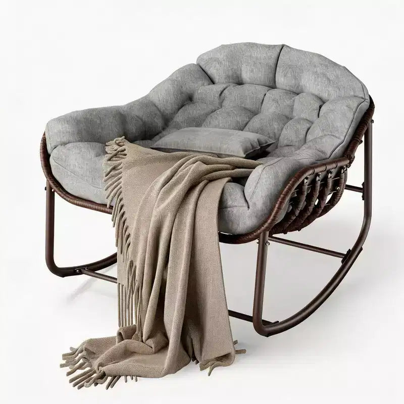 Fauteuil à bascule d'extérieur, chaise œuf de patio surdimensionnée avec coussin rembourré, bascule papasan en rotin pour l'intérieur, le porche, le jardin