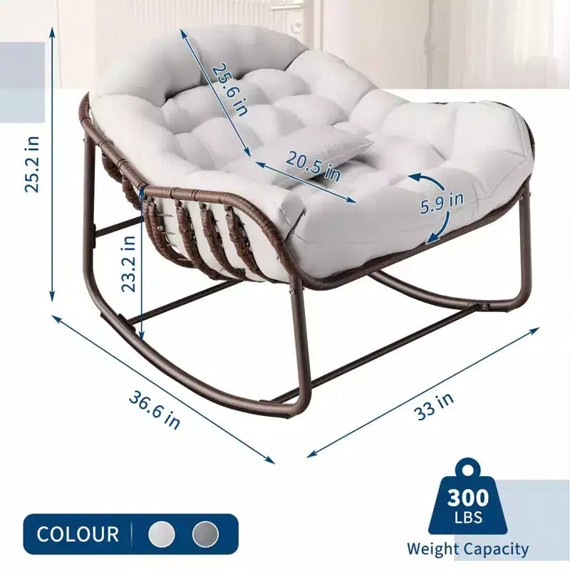 Fauteuil à bascule d'extérieur, chaise œuf de patio surdimensionnée avec coussin rembourré, bascule papasan en rotin pour l'intérieur, le porche, le jardin