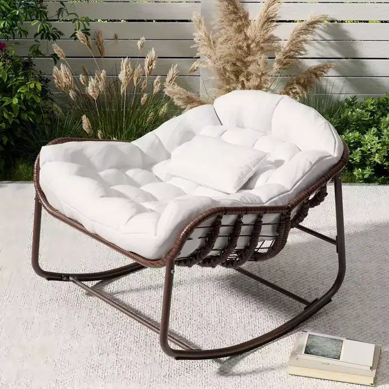 Fauteuil à bascule d'extérieur, chaise œuf de patio surdimensionnée avec coussin rembourré, bascule papasan en rotin pour l'intérieur, le porche, le jardin