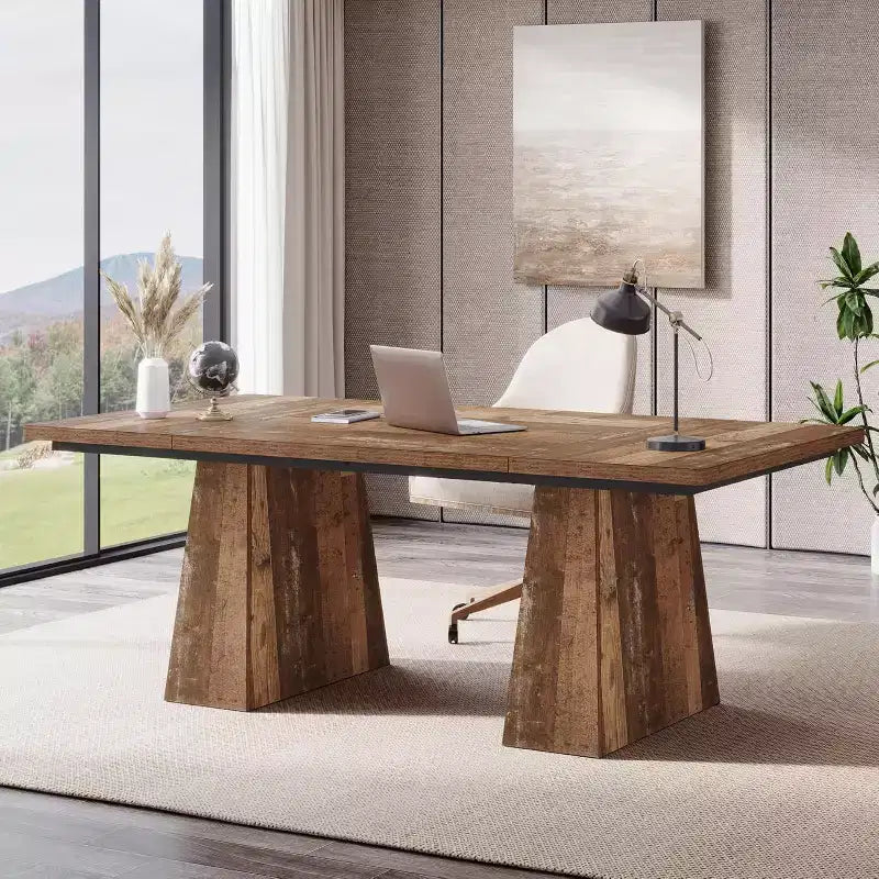 Lantine 63-Inch Executive Desk, Large Office Computer Desk with Double Pedestal, Modern Writing Table for Home Office, Espresso Brown