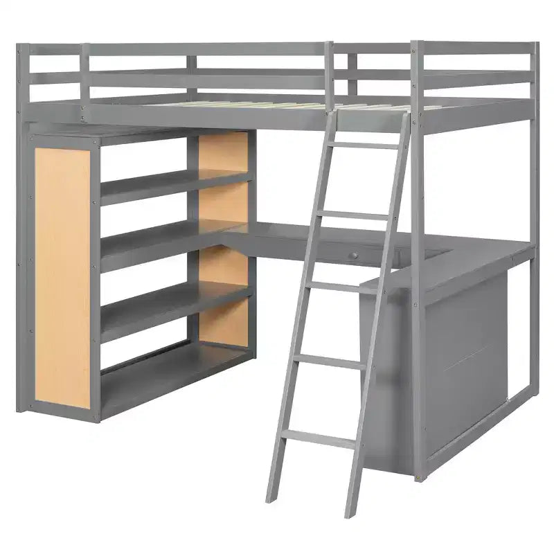 Lit mezzanine moderne Luxystar avec bureau, 6 étagères et tiroir