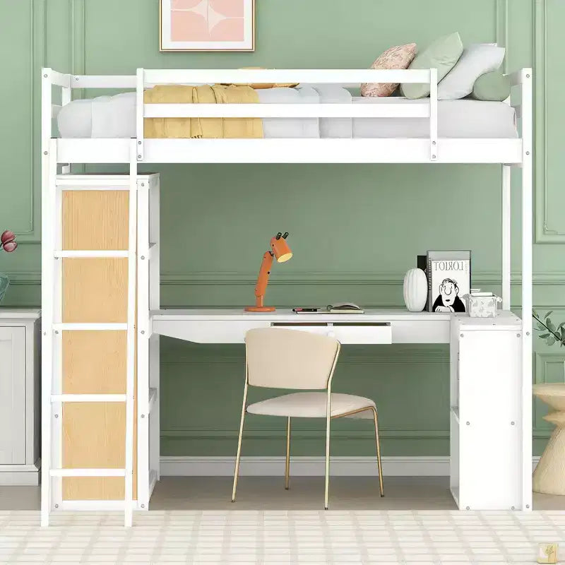 Lit mezzanine moderne Luxystar avec bureau, 6 étagères et tiroir