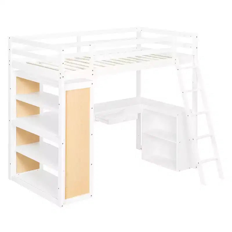 Lit mezzanine moderne Luxystar avec bureau, 6 étagères et tiroir