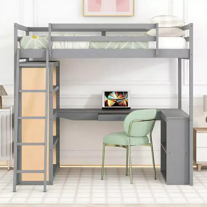 Lit mezzanine moderne Luxystar avec bureau, 6 étagères et tiroir