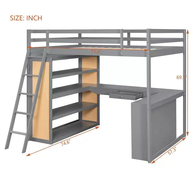 Lit mezzanine moderne Luxystar avec bureau, 6 étagères et tiroir