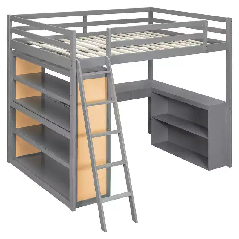 Lit mezzanine moderne Luxystar avec bureau, 6 étagères et tiroir