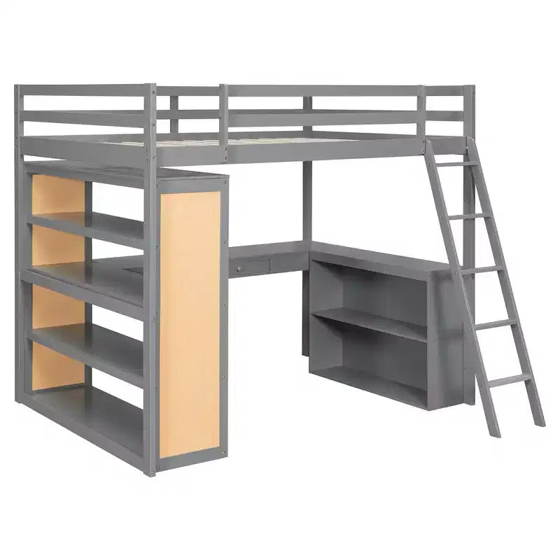 Lit mezzanine moderne Luxystar avec bureau, 6 étagères et tiroir