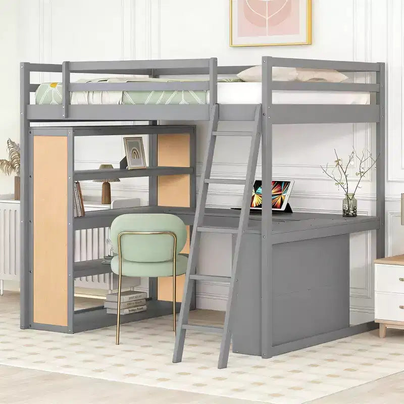 Lit mezzanine moderne Luxystar avec bureau, 6 étagères et tiroir