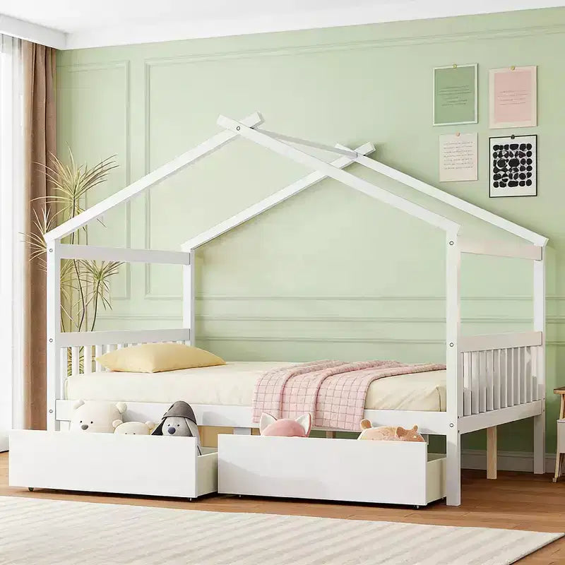 Lit de maison en bois moderne pleine grandeur Luxystar avec 2 tiroirs et têtes de lit