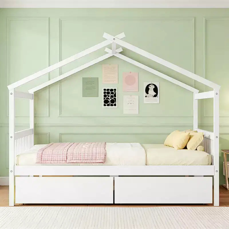 Lit de maison en bois moderne pleine grandeur Luxystar avec 2 tiroirs et têtes de lit