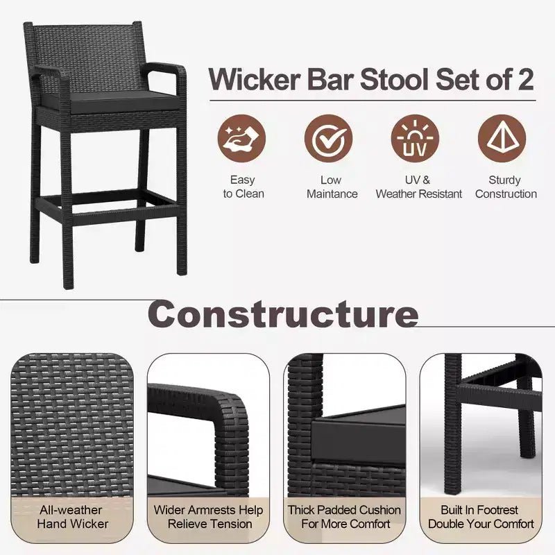 Lot de 2 tabourets de bar d'extérieur, chaises de bar en osier de 76 cm avec coussins et repose-pieds, sièges hauteur bar pour jardin, bord de piscine, balcon, terrasse