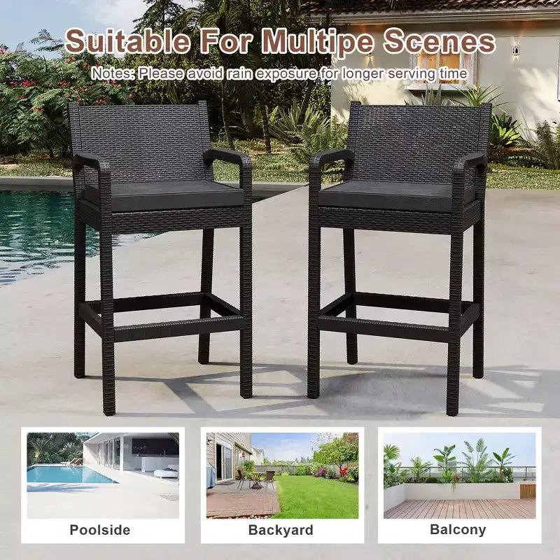 Lot de 2 tabourets de bar d'extérieur, chaises de bar en osier de 76 cm avec coussins et repose-pieds, sièges hauteur bar pour jardin, bord de piscine, balcon, terrasse