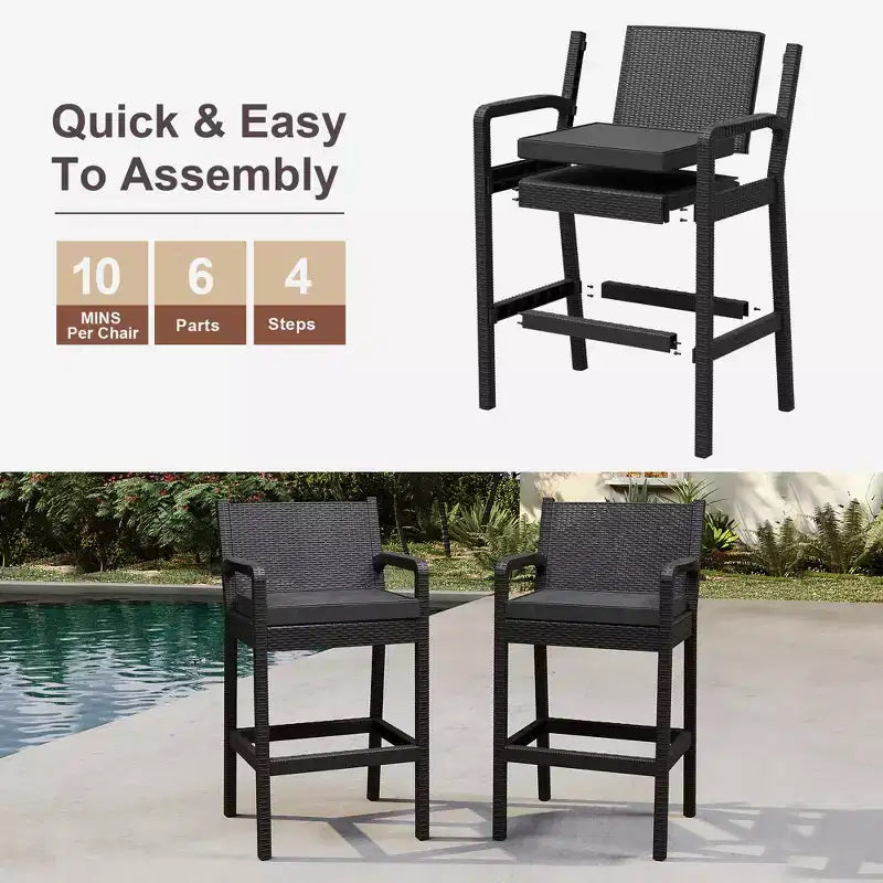 Lot de 2 tabourets de bar d'extérieur, chaises de bar en osier de 76 cm avec coussins et repose-pieds, sièges hauteur bar pour jardin, bord de piscine, balcon, terrasse