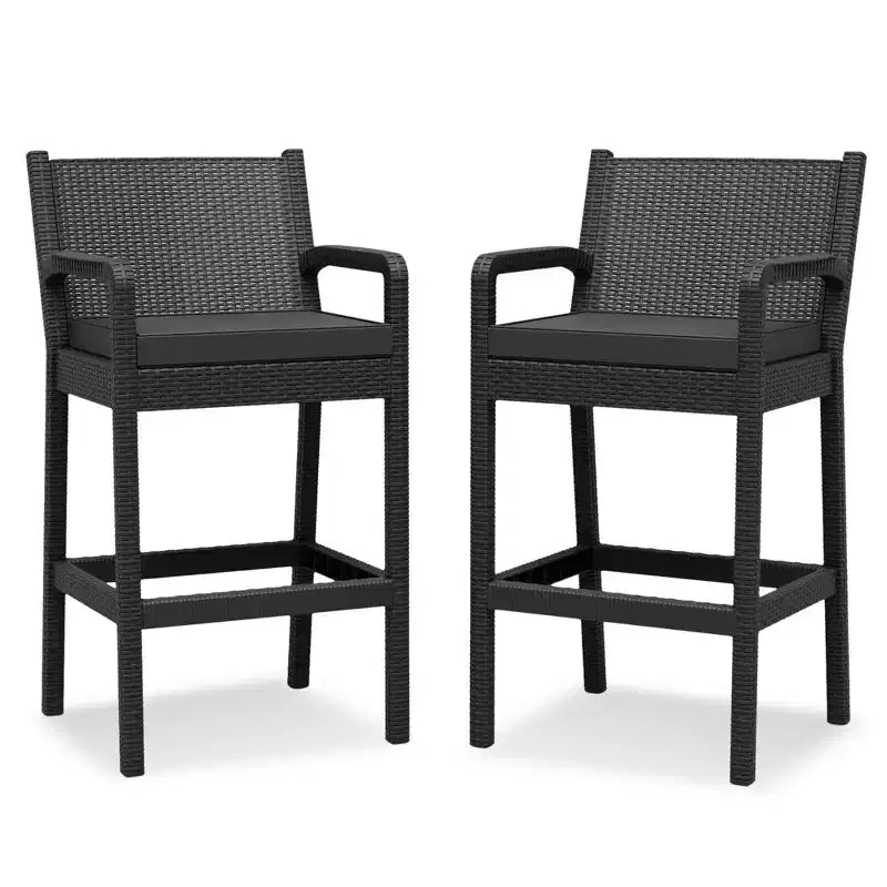 Lot de 2 tabourets de bar d'extérieur, chaises de bar en osier de 76 cm avec coussins et repose-pieds, sièges hauteur bar pour jardin, bord de piscine, balcon, terrasse
