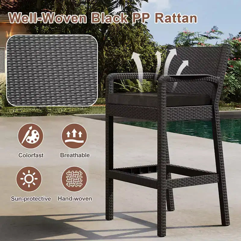 Lot de 2 tabourets de bar d'extérieur, chaises de bar en osier de 76 cm avec coussins et repose-pieds, sièges hauteur bar pour jardin, bord de piscine, balcon, terrasse