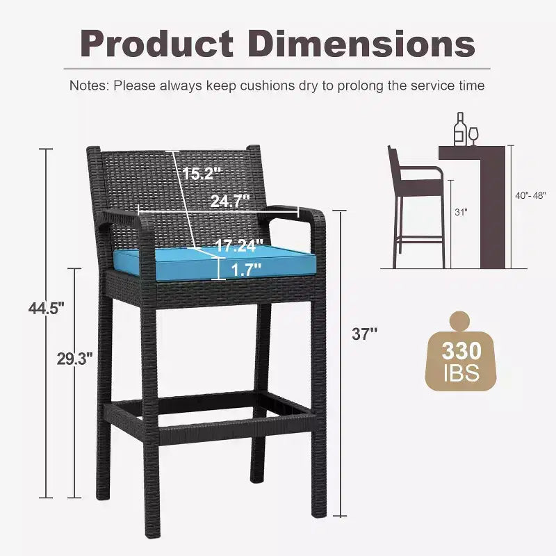 Lot de 2 tabourets de bar d'extérieur, chaises de bar en osier de 76 cm avec coussins et repose-pieds, sièges hauteur bar pour jardin, bord de piscine, balcon, terrasse
