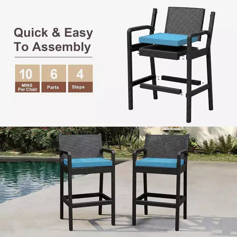 Lot de 2 tabourets de bar d'extérieur, chaises de bar en osier de 76 cm avec coussins et repose-pieds, sièges hauteur bar pour jardin, bord de piscine, balcon, terrasse