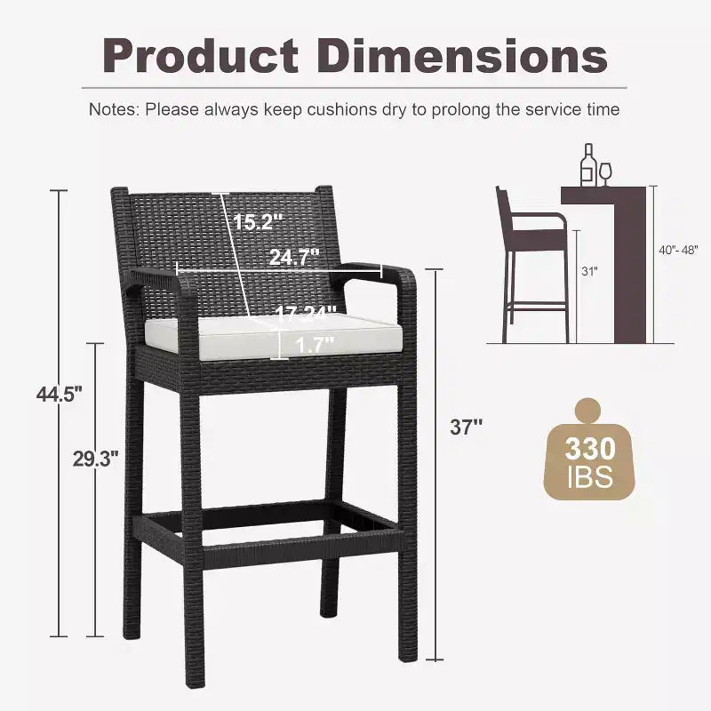 Lot de 2 tabourets de bar d'extérieur, chaises de bar en osier de 76 cm avec coussins et repose-pieds, sièges hauteur bar pour jardin, bord de piscine, balcon, terrasse