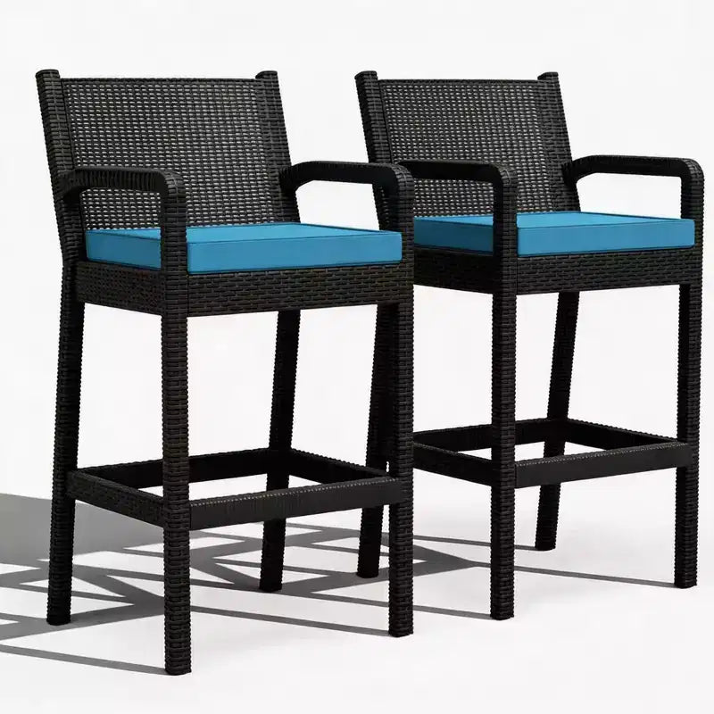 Lot de 2 tabourets de bar d'extérieur, chaises de bar en osier de 76 cm avec coussins et repose-pieds, sièges hauteur bar pour jardin, bord de piscine, balcon, terrasse