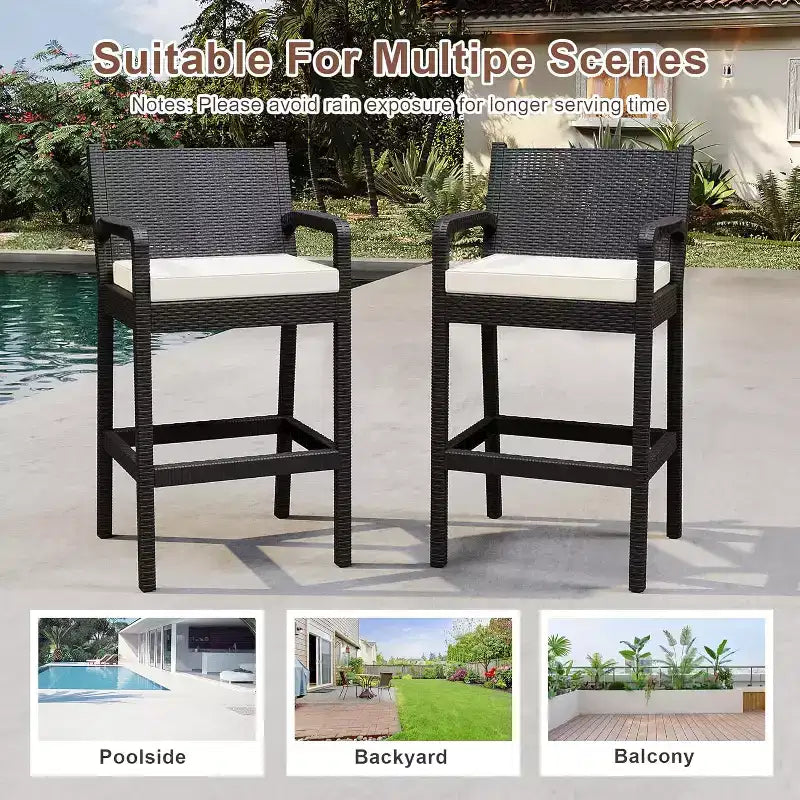 Lot de 2 tabourets de bar d'extérieur, chaises de bar en osier de 76 cm avec coussins et repose-pieds, sièges hauteur bar pour jardin, bord de piscine, balcon, terrasse