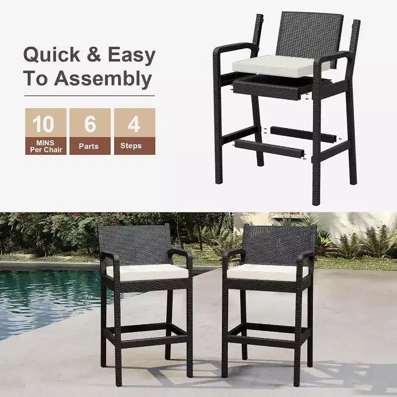 Lot de 2 tabourets de bar d'extérieur, chaises de bar en osier de 76 cm avec coussins et repose-pieds, sièges hauteur bar pour jardin, bord de piscine, balcon, terrasse