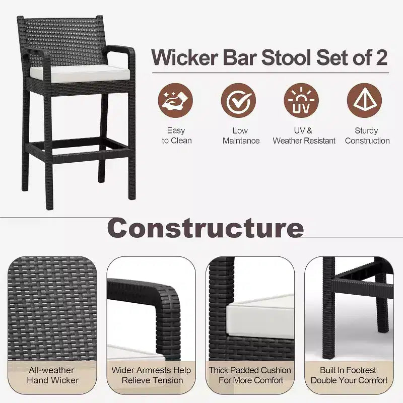 Lot de 2 tabourets de bar d'extérieur, chaises de bar en osier de 76 cm avec coussins et repose-pieds, sièges hauteur bar pour jardin, bord de piscine, balcon, terrasse