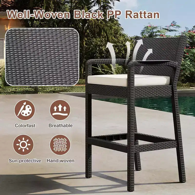 Lot de 2 tabourets de bar d'extérieur, chaises de bar en osier de 76 cm avec coussins et repose-pieds, sièges hauteur bar pour jardin, bord de piscine, balcon, terrasse