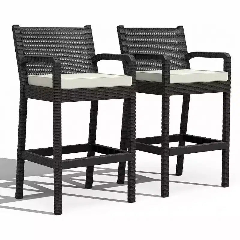 Lot de 2 tabourets de bar d'extérieur, chaises de bar en osier de 76 cm avec coussins et repose-pieds, sièges hauteur bar pour jardin, bord de piscine, balcon, terrasse