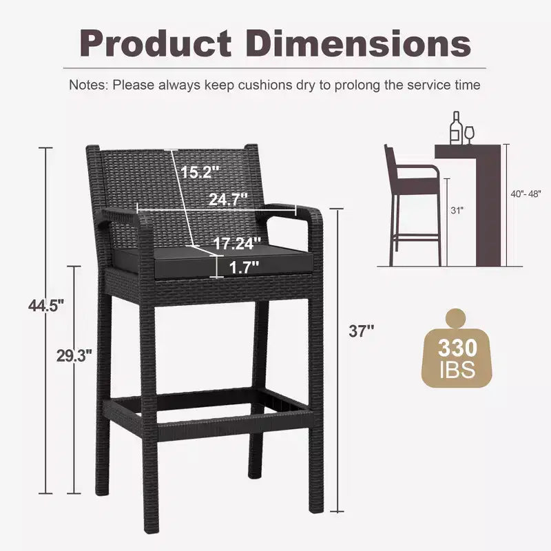 Lot de 2 tabourets de bar d'extérieur, chaises de bar en osier de 76 cm avec coussins et repose-pieds, sièges hauteur bar pour jardin, bord de piscine, balcon, terrasse
