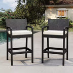 Set of 2 Outdoor Bar Stools, 30 Patio Wicker Bar Chairs with Cushions and Footrest, Bar Height Seating for Backyard, Garden, Poolside, Balcony, Deck