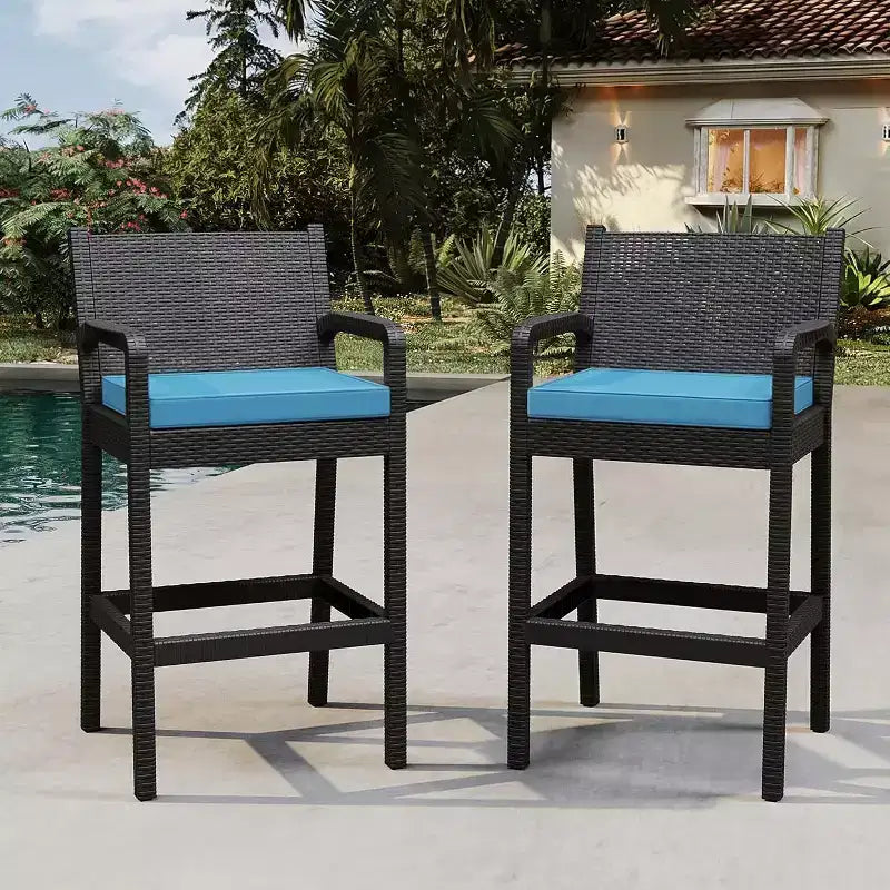 Lot de 2 tabourets de bar d'extérieur, chaises de bar en osier de 76 cm avec coussins et repose-pieds, sièges hauteur bar pour jardin, bord de piscine, balcon, terrasse
