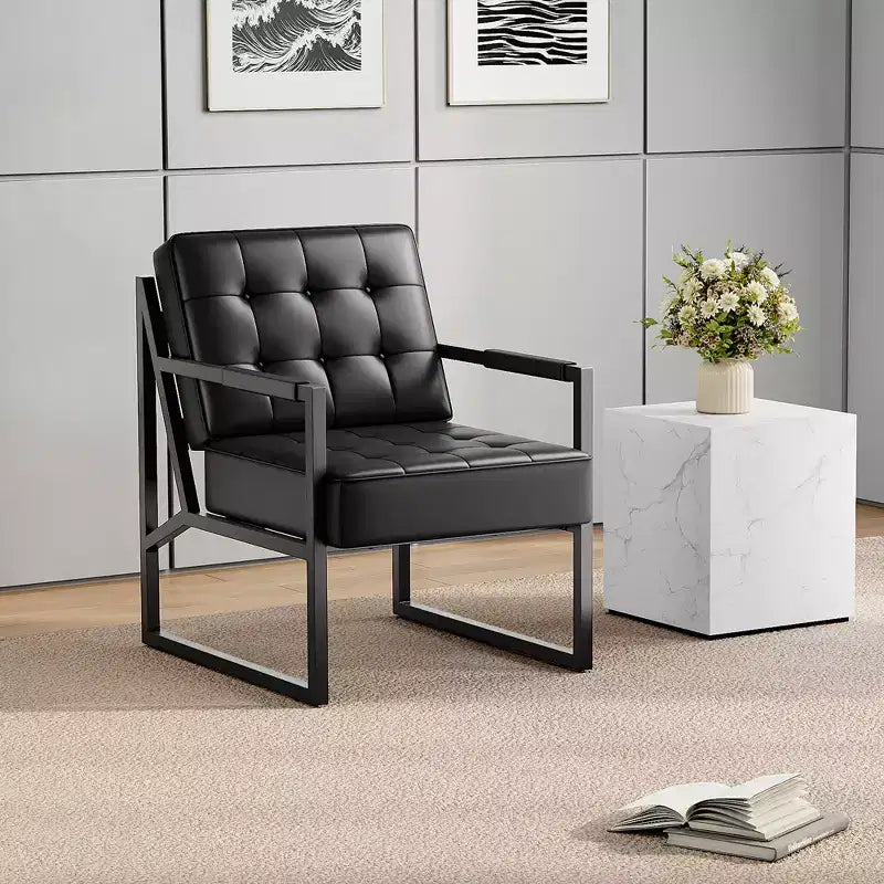 Fauteuil d'appoint moderne du milieu du siècle - Fauteuil rembourré en cuir PU, coussin épais, cadre en métal, chaise longue rétro pour salon, chambre, bureau