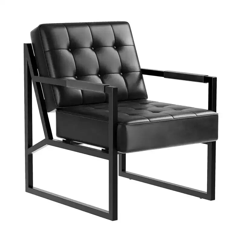 Fauteuil d'appoint moderne du milieu du siècle - Fauteuil rembourré en cuir PU, coussin épais, cadre en métal, chaise longue rétro pour salon, chambre, bureau