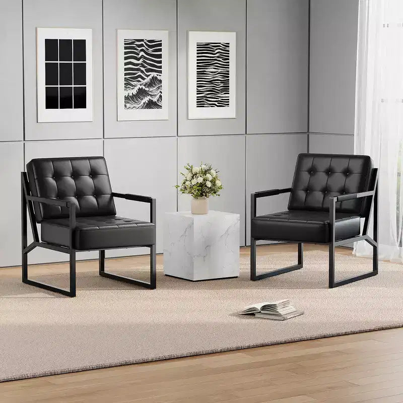Fauteuil d'appoint moderne du milieu du siècle - Fauteuil rembourré en cuir PU, coussin épais, cadre en métal, chaise longue rétro pour salon, chambre, bureau
