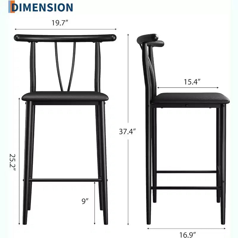 Tabourets de bar en métal, tabourets de bar de 64 cm de hauteur de comptoir avec large assise rembourrée en PU, dossier incurvé et repose-pieds pour îlots, comptoirs de cuisine, bars, noir