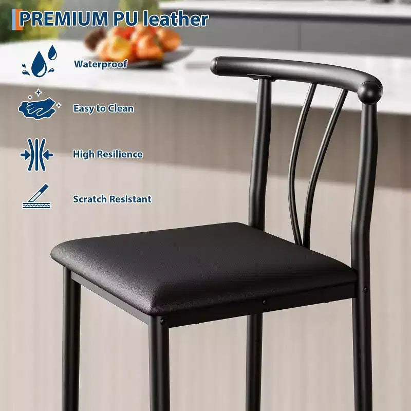 Tabourets de bar en métal, tabourets de bar de 64 cm de hauteur de comptoir avec large assise rembourrée en PU, dossier incurvé et repose-pieds pour îlots, comptoirs de cuisine, bars, noir