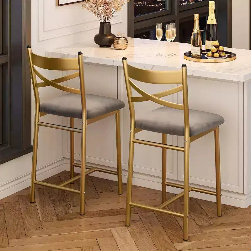 Lot de 2 tabourets de bar de 56,9 cm, tabourets de bar hauteur comptoir avec dossier et assise rembourrée en polyuréthane, chaises de bar de cuisine à cadre métallique avec repose-pieds pour îlot de cuisine
