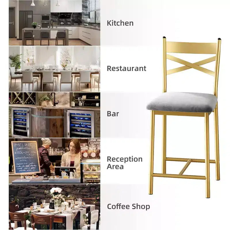 Lot de 2 tabourets de bar de 56,9 cm, tabourets de bar hauteur comptoir avec dossier et assise rembourrée en polyuréthane, chaises de bar de cuisine à cadre métallique avec repose-pieds pour îlot de cuisine