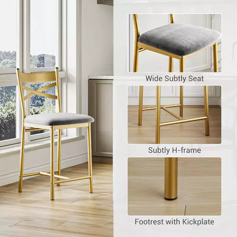 Lot de 2 tabourets de bar de 56,9 cm, tabourets de bar hauteur comptoir avec dossier et assise rembourrée en polyuréthane, chaises de bar de cuisine à cadre métallique avec repose-pieds pour îlot de cuisine