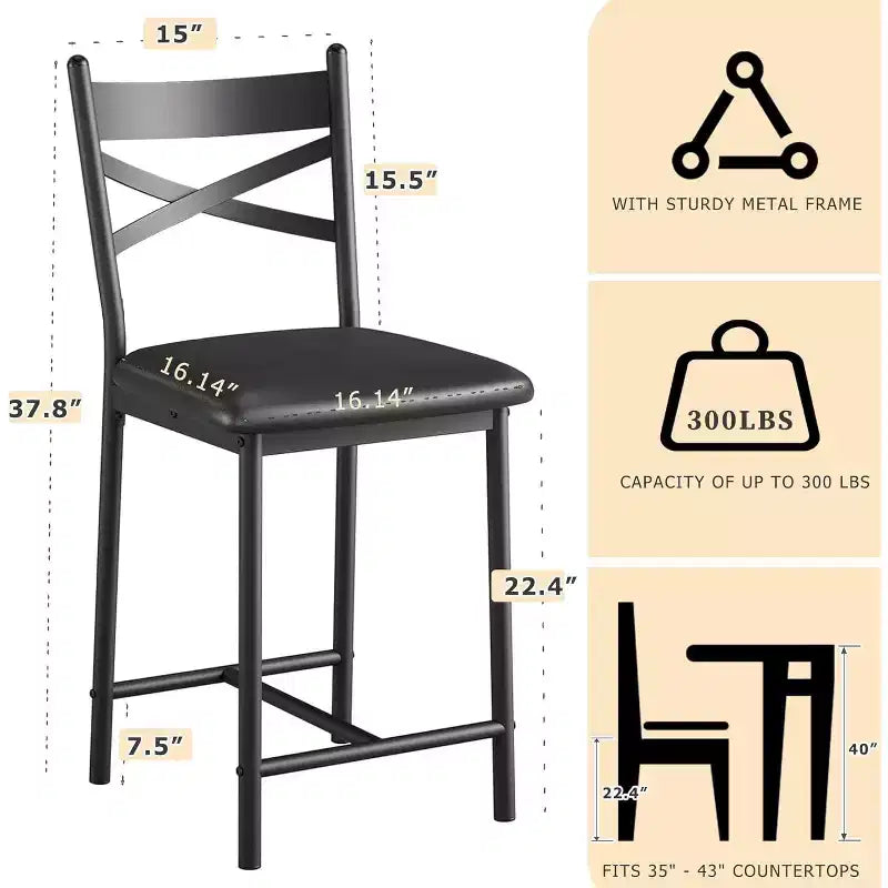 Lot de 2 tabourets de bar de 56,9 cm, tabourets de bar hauteur comptoir avec dossier et assise rembourrée en polyuréthane, chaises de bar de cuisine à cadre métallique avec repose-pieds pour îlot de cuisine