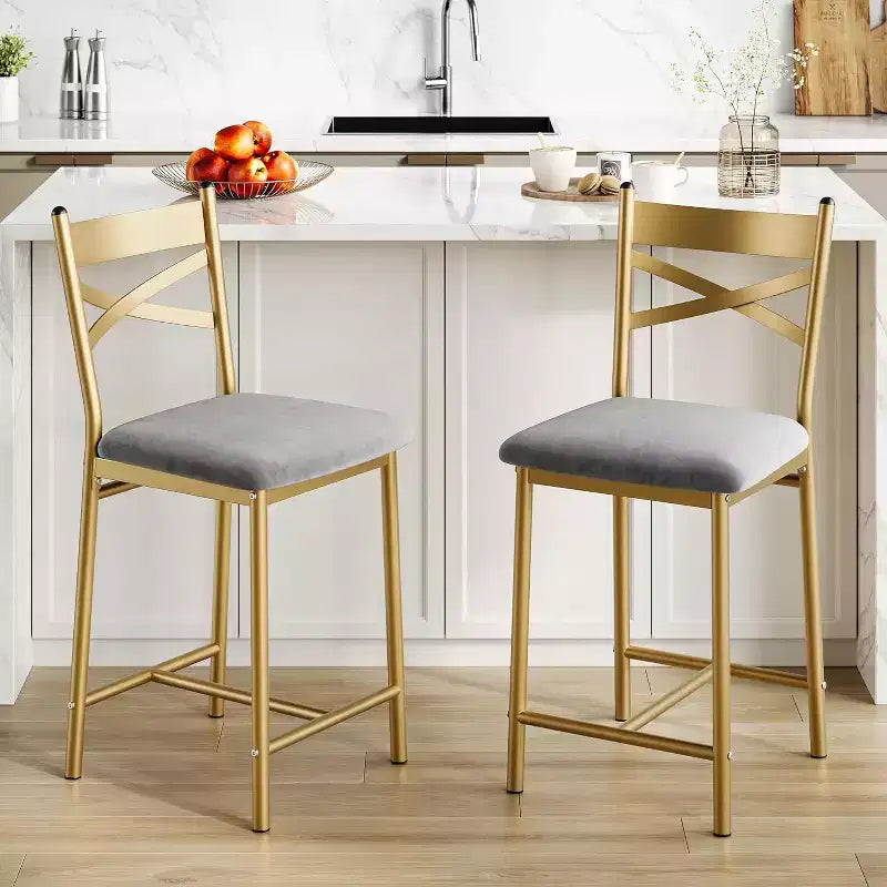 Lot de 2 tabourets de bar de 56,9 cm, tabourets de bar hauteur comptoir avec dossier et assise rembourrée en polyuréthane, chaises de bar de cuisine à cadre métallique avec repose-pieds pour îlot de cuisine