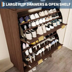 Meuble à chaussures étroit Acekool 2 tiroirs basculants en noyer avec tiroir et étagère ouverte pour entrée, couloir et salon
