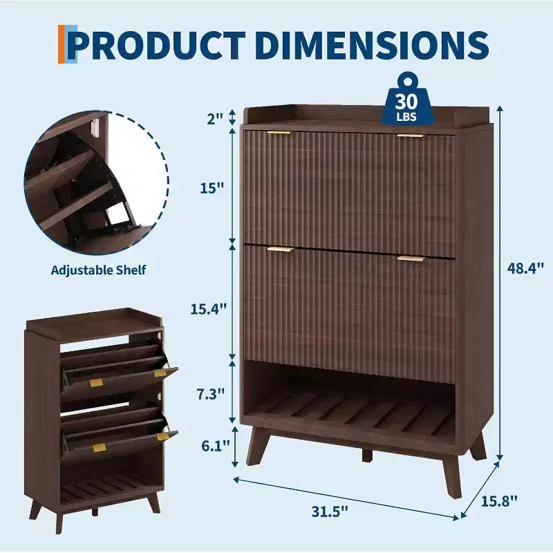 Meuble à chaussures étroit Acekool 2 tiroirs basculants en noyer avec tiroir et étagère ouverte pour entrée, couloir et salon