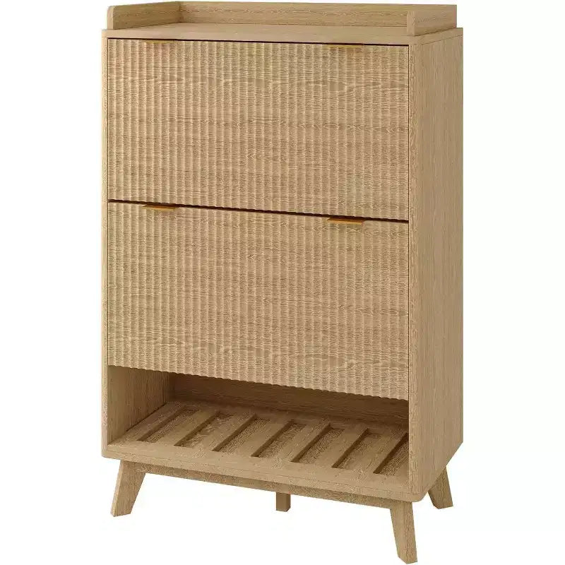 Meuble à chaussures étroit Acekool 2 tiroirs basculants en noyer avec tiroir et étagère ouverte pour entrée, couloir et salon