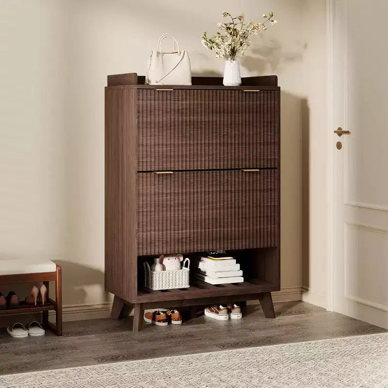 Meuble à chaussures étroit Acekool 2 tiroirs basculants en noyer avec tiroir et étagère ouverte pour entrée, couloir et salon