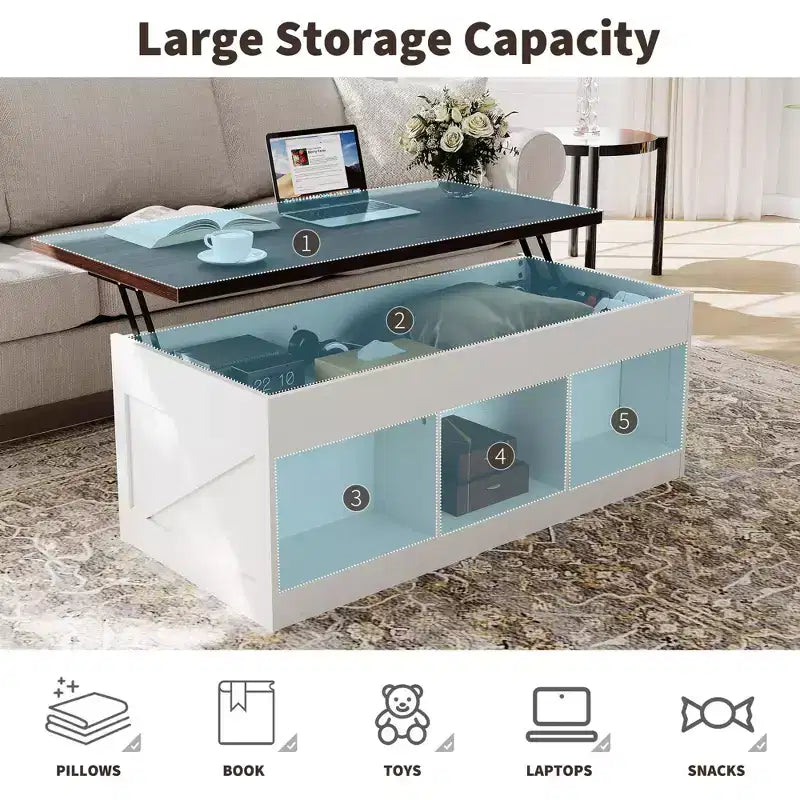 Table basse de style rustique avec plateau relevable - Table basse rustique 2-en-1 avec rangement, pour salon et bureau