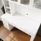 Hitow 63 Bureau Blanc avec Étagère et Rangement Portes en Verre Canelé Bombé, Dispositif Anti-Basculement pour Bureau à Domicile